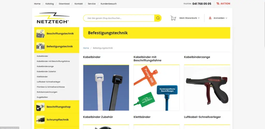 ケーブルタイとケーブルタイツールが表示されたNetztech Magento 2の固定技術カテゴリページ