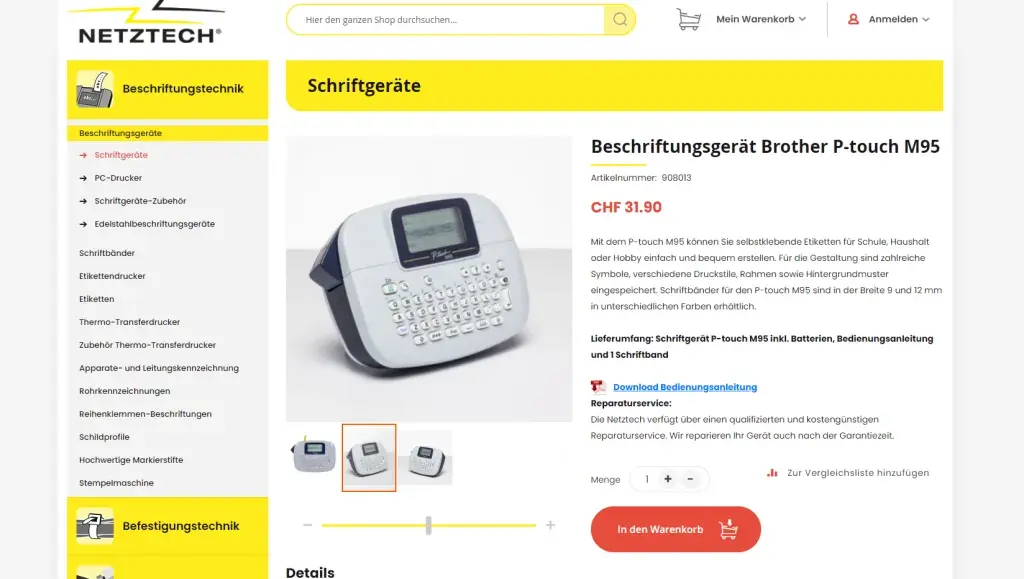 スイスフラン表示の価格とカートに追加ボタンが表示されたNetztech Magento 2のラベルプリンター商品ページ