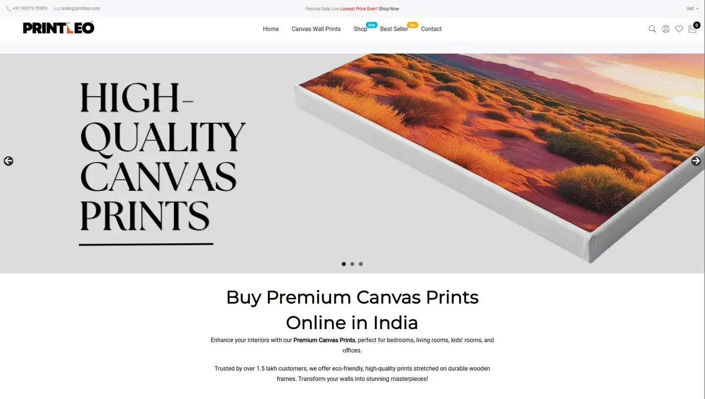 PrintLeo storefront homepage offering premium canvas prints online in India, with a canvas print product banner